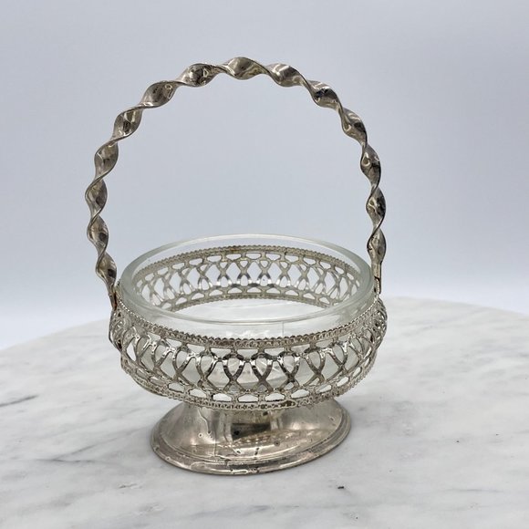 Hand Blown Candy Dish Silver Plate Glass Bowl Nut Rose Basket Twisted Handle - Picture 1 of 7